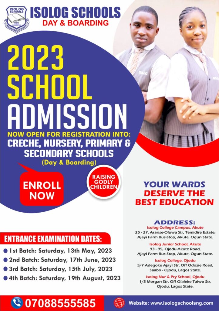 2023 School Admission Now Open for registration into Creche, Nursery, Primary and Secondary School, Day & Boarding. Enroll Now.

First Batch: Saturday, 13 of May, 2023.

Second Batch: Saturday, 17 June, 2023.

Third Batch: Saturday, 15 July, 2023.

Fourth Bath: Saturday, 19 August, 2023.